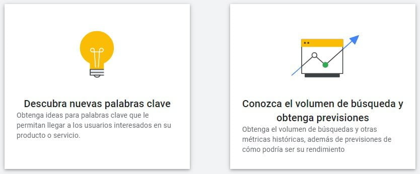 Opciones principales de Google Keyword Planner