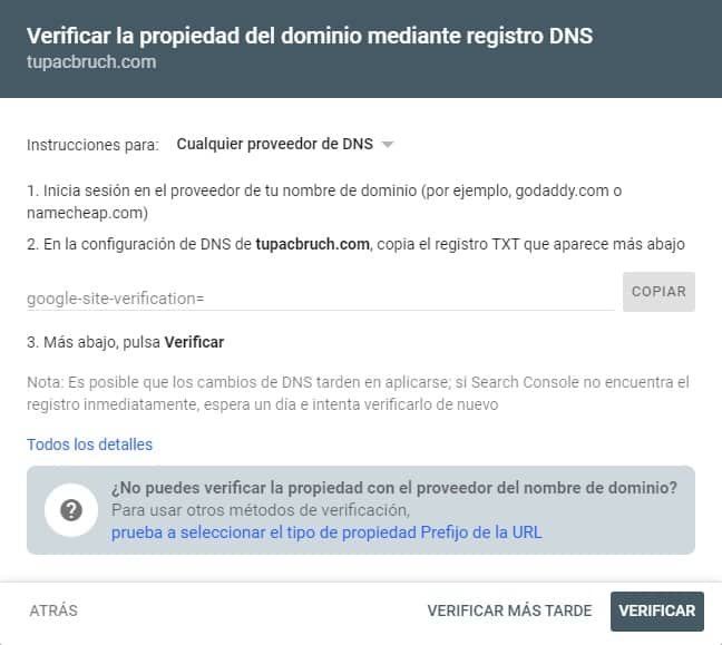 Registro de DNS en Google Search Console