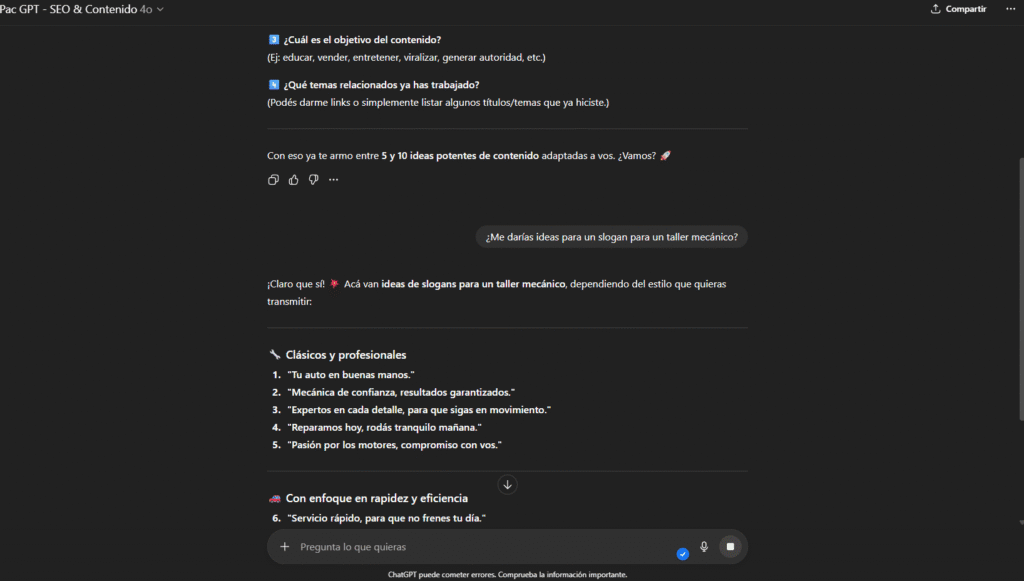 generando ideas de slogan para tu taller mecánico con pac gpt