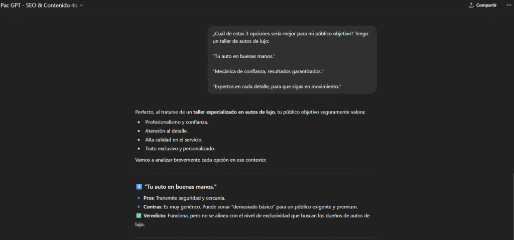 refinando ideas de slogan para tu taller mecánico con pac gpt