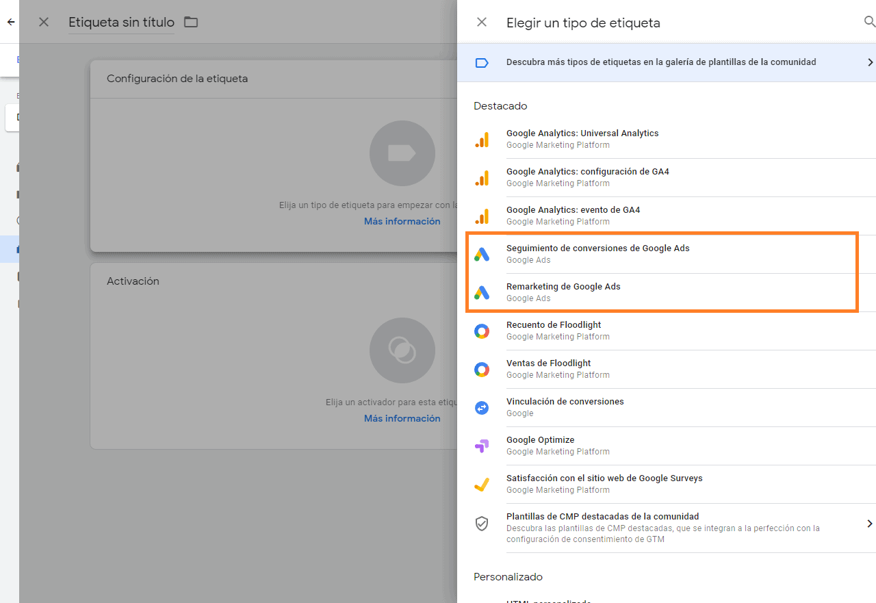 crear tags en Google Tag Manager para Google Ads