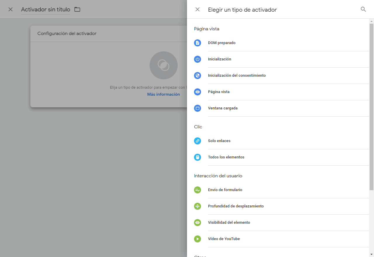 También tenemos en segundo lugar a los activadores. Cuando configuras los activadores, estás diciendo cuándo quieres que Google Tag Manager haga las cosas.
