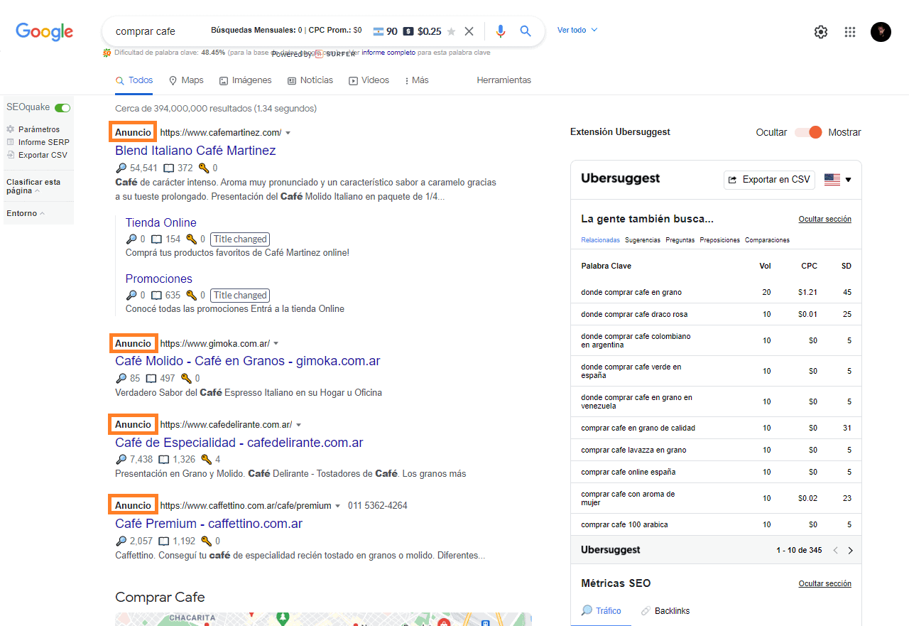Ejemplo de búsqueda en Google con anuncios.