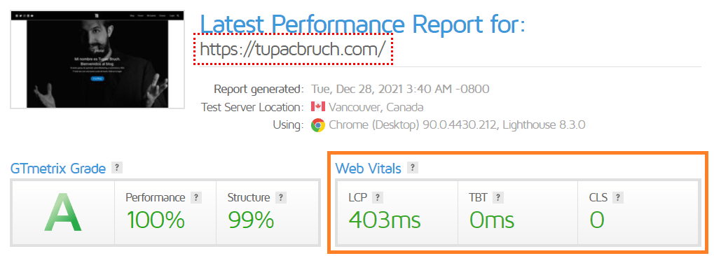 Métricas de GTmetrix midiendo el grado en la performance, y el core web vitals.