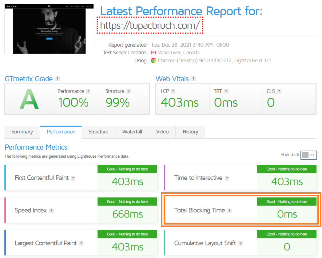 Total blocking time en gtmetrix, es parte del core web vitals