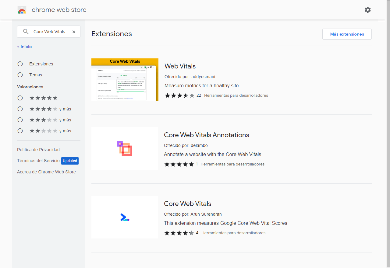 tienda de google chrome en core web vitals