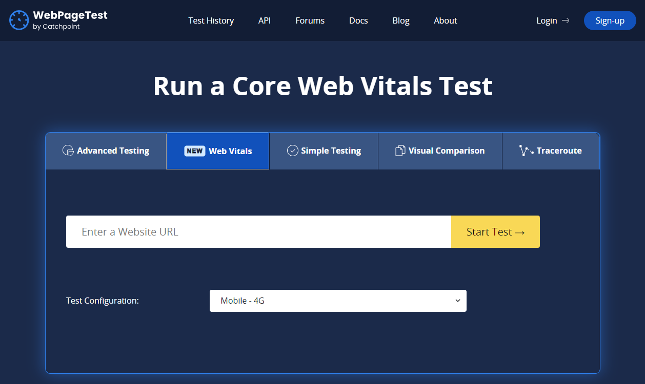 webpagetest. La herramienta ideal para medir el core web vitals.