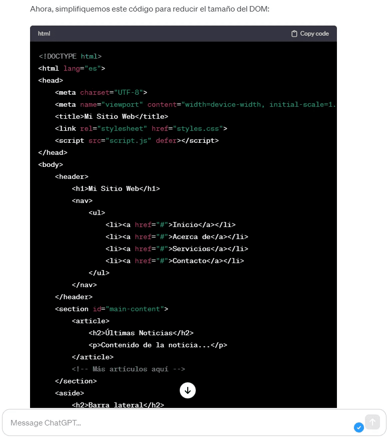 Ejemplo de cómo reducir el tamaño del DOM.