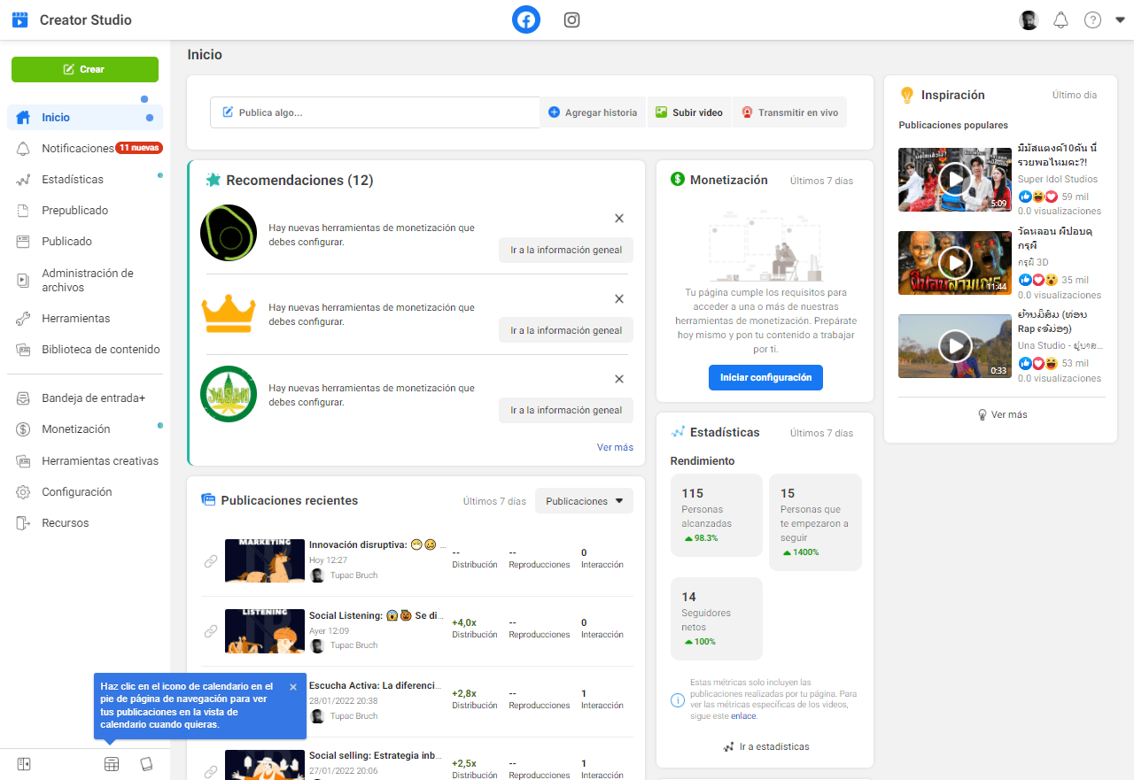 Página de inicio en Facebook Creator Studio.