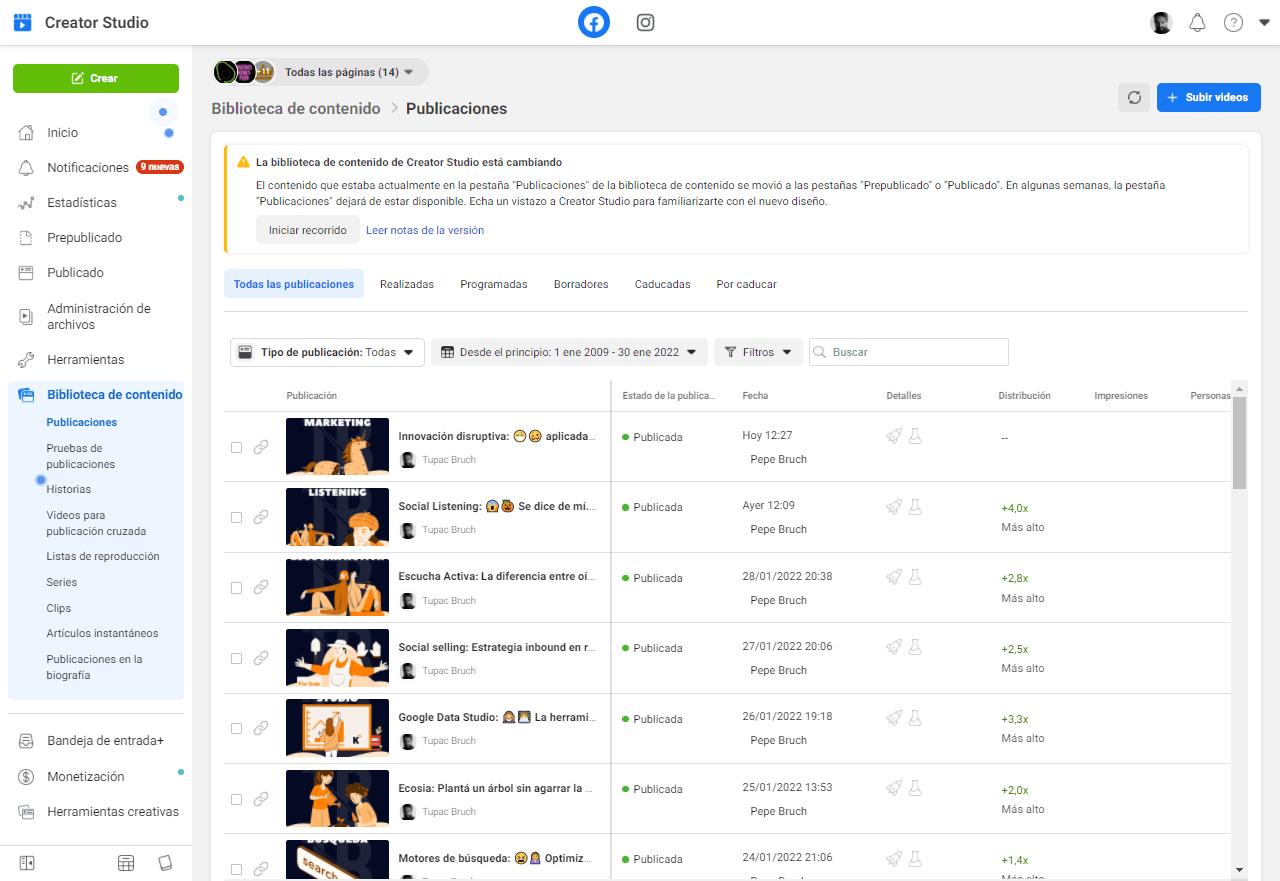 Biblioteca de contenidos en Creator Studio.