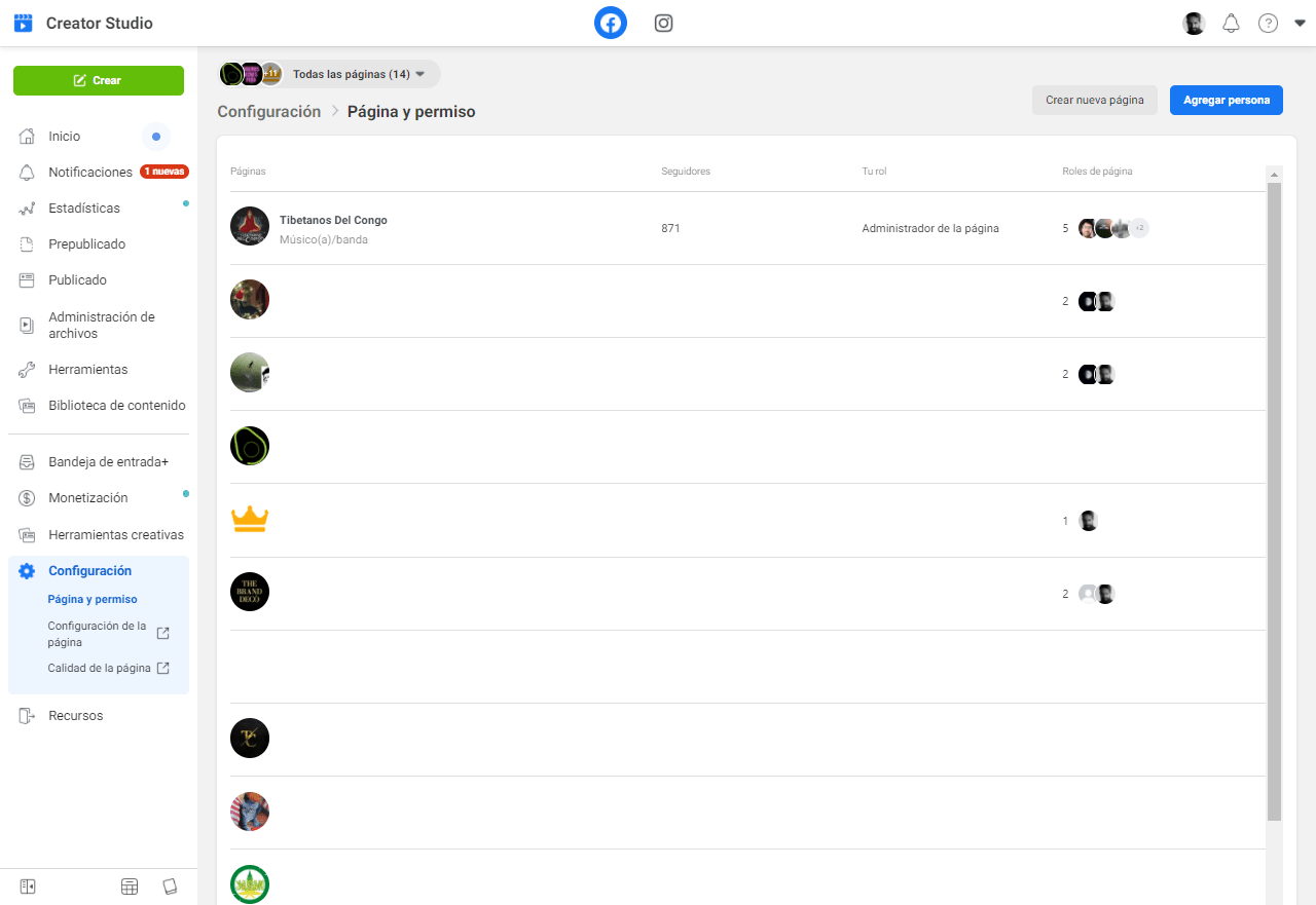 Sector de configuración en Facebook Creator Studio.