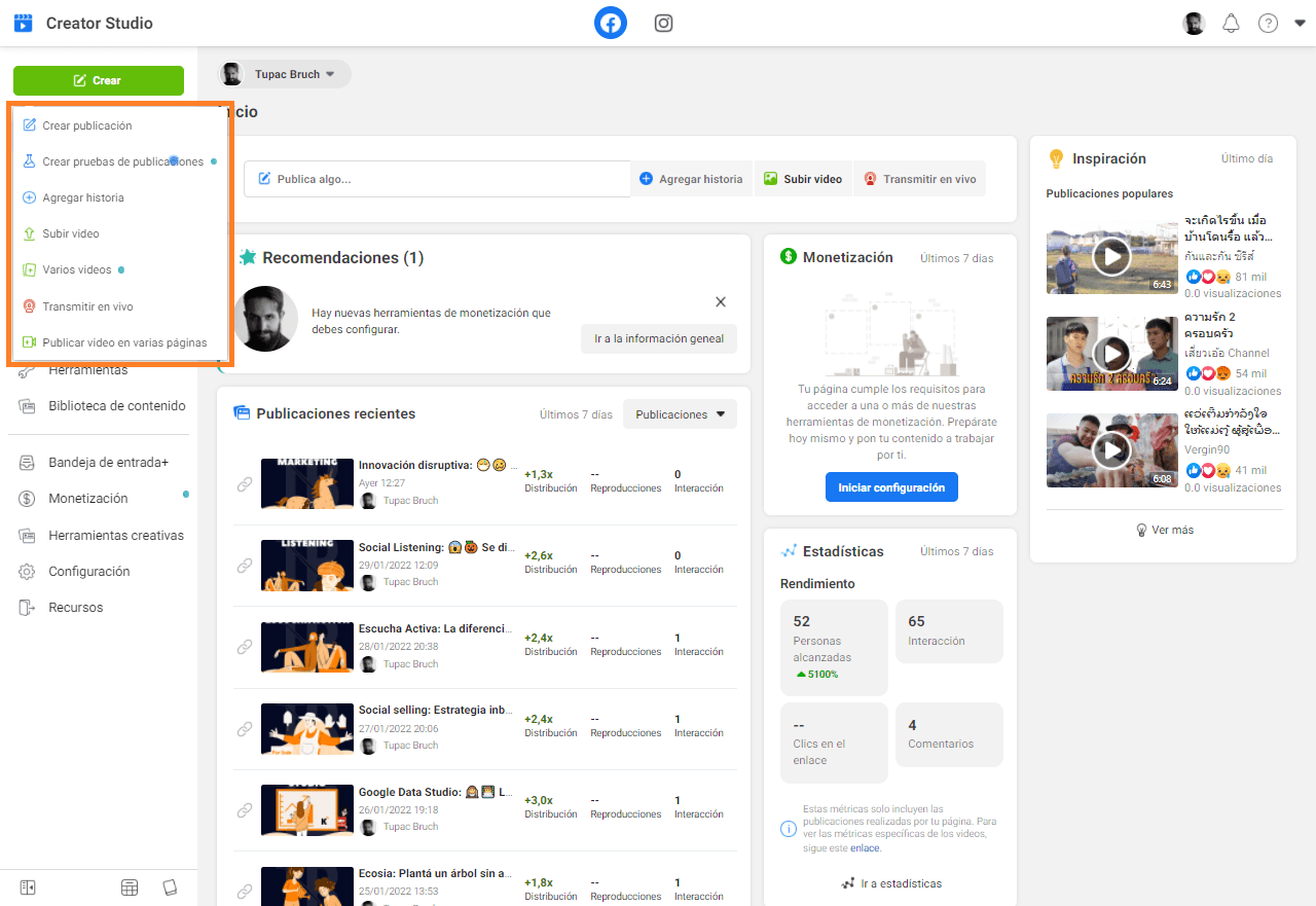 Menú de creación en Facebook Creator Studio.