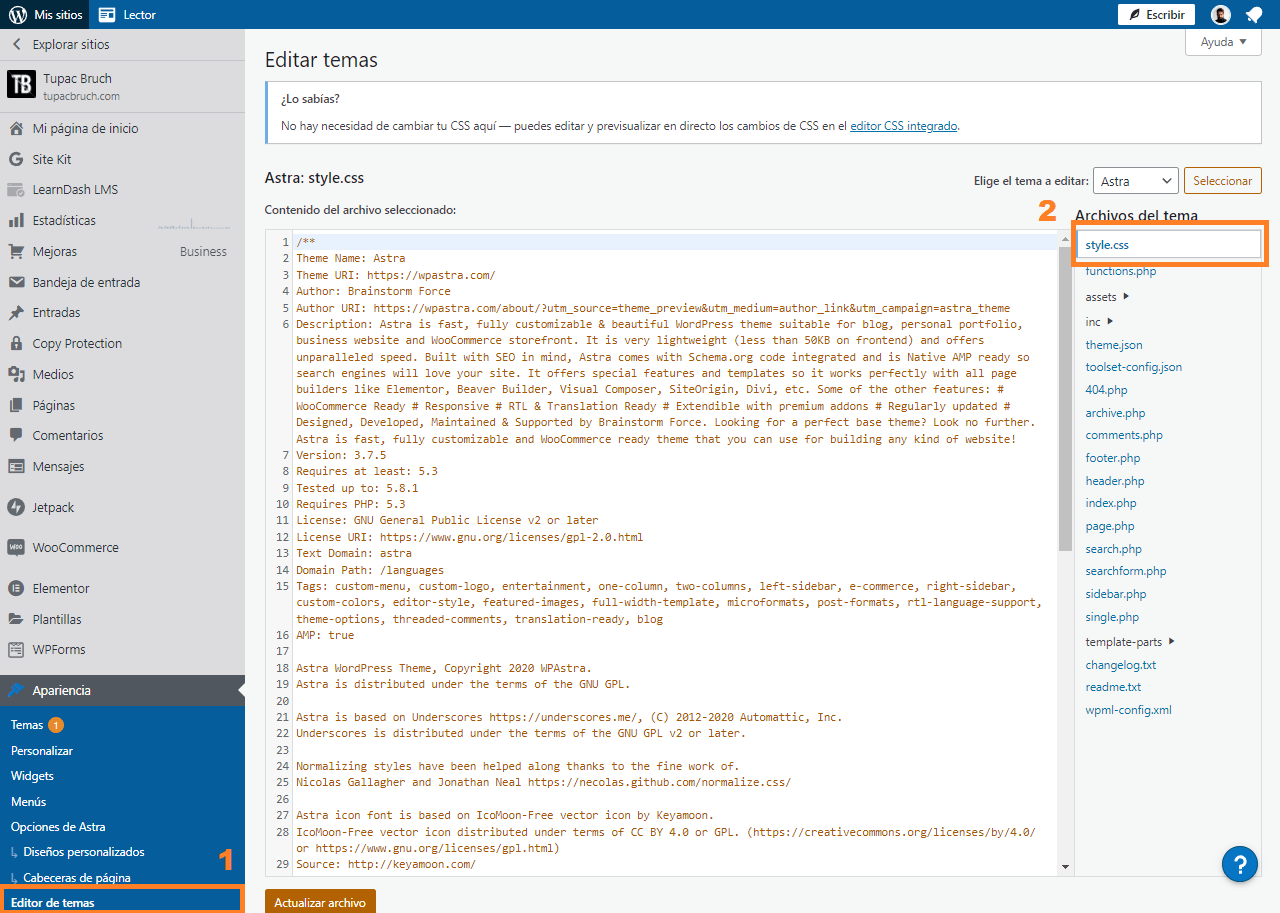 Ejemplo de editor de temas en wordpress.