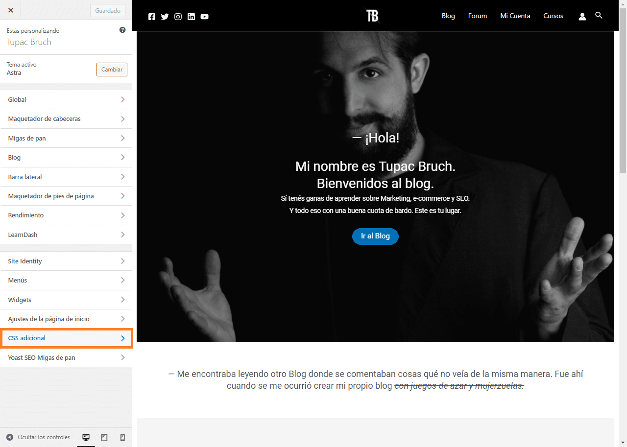 En el editor del BackEnd de WordPress podremos agregar un CSS adicional.