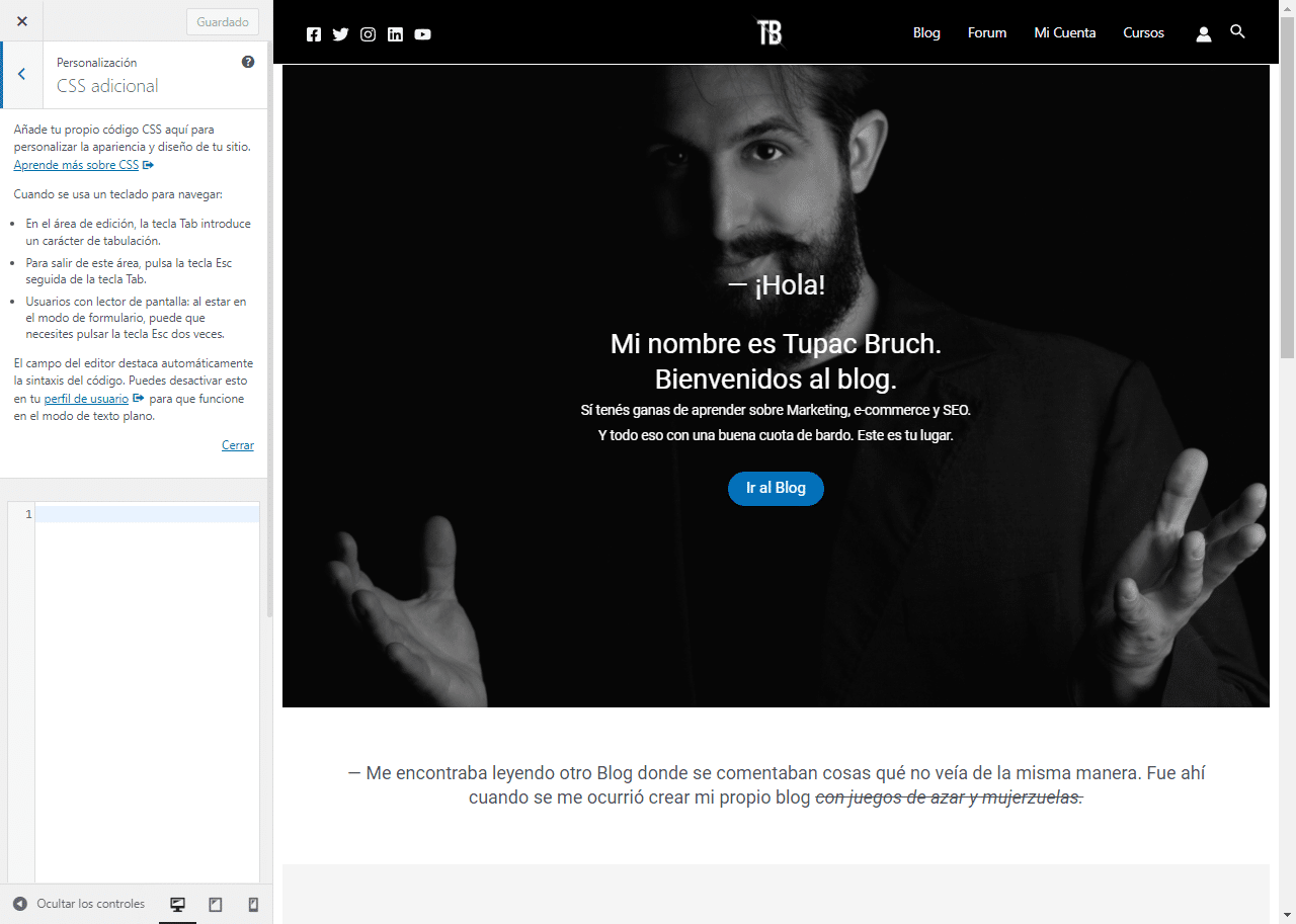 En el editor de CSS Adicional tenemos la opción de insertar nuestro código personalizado