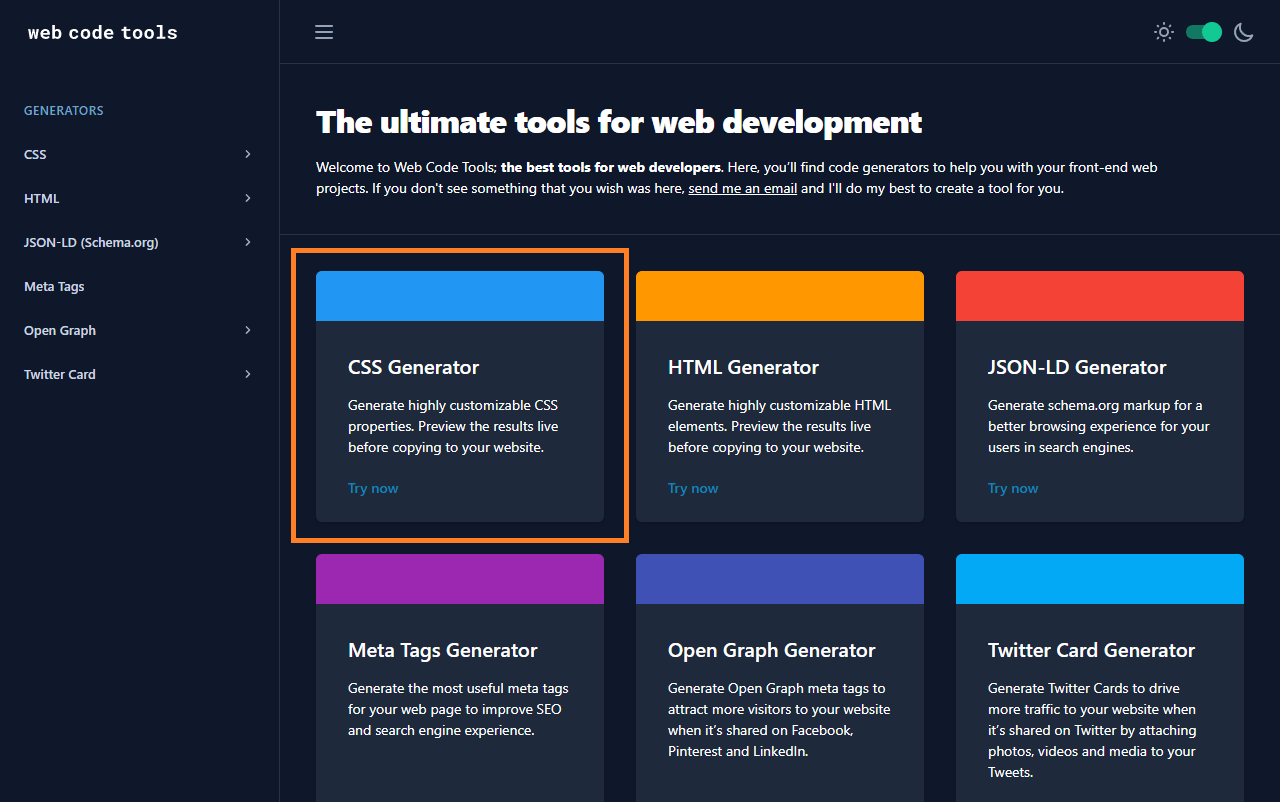 En la herramienta de Web Code Tools, podremos generar varios tipos de códigos. Algunos como CSS; html; json-ld; meta tags; open graph; y twitter cards.