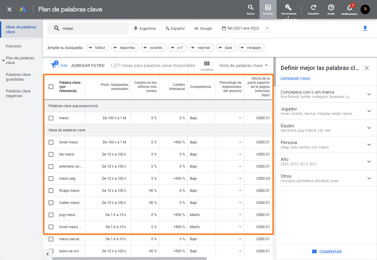 Filtros ofrecidos por Google Keyword Planner