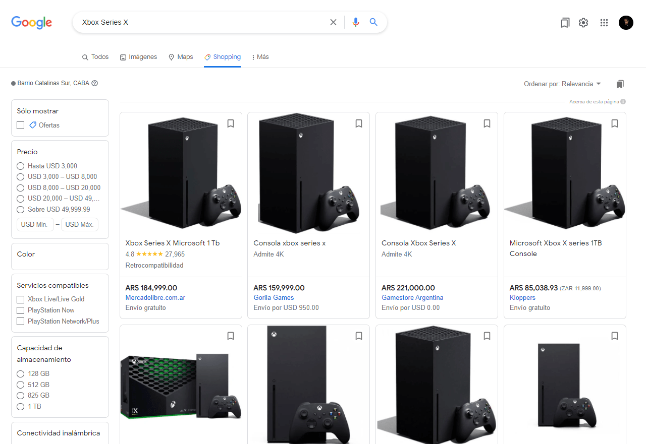 Consulta de Xbox Series X en Google Shopping