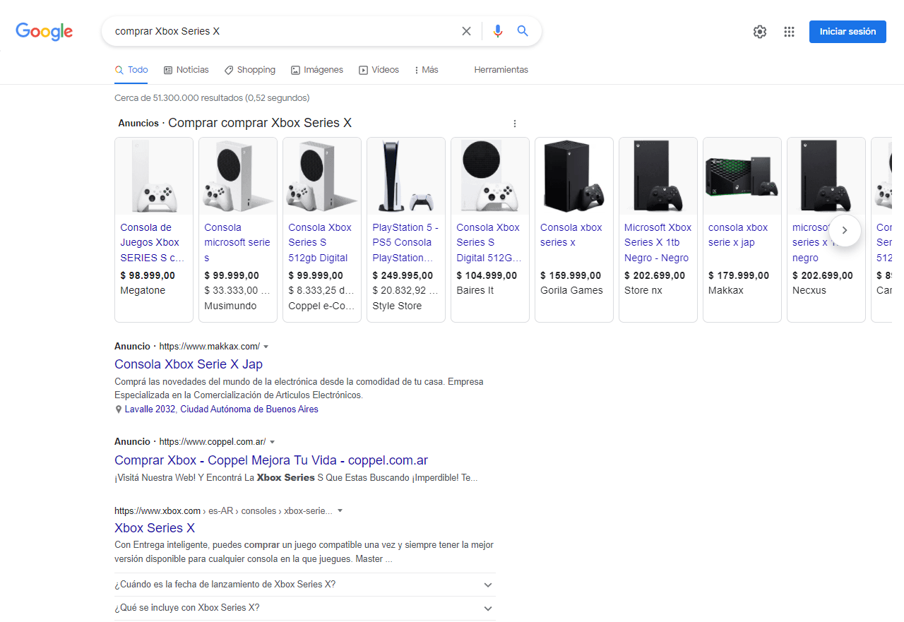Consulta de Xbox Series X en Google