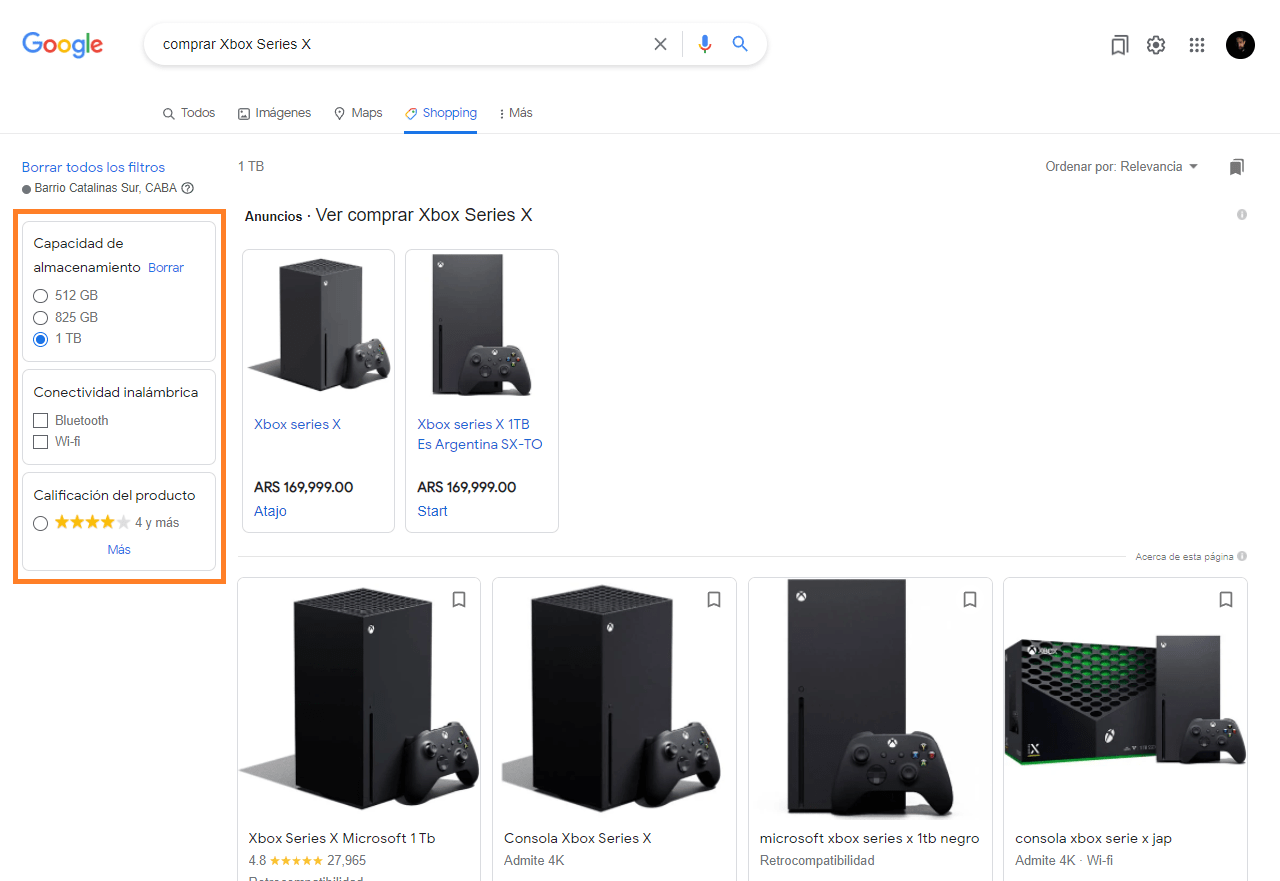 Filtros que ofrece Google Shopping