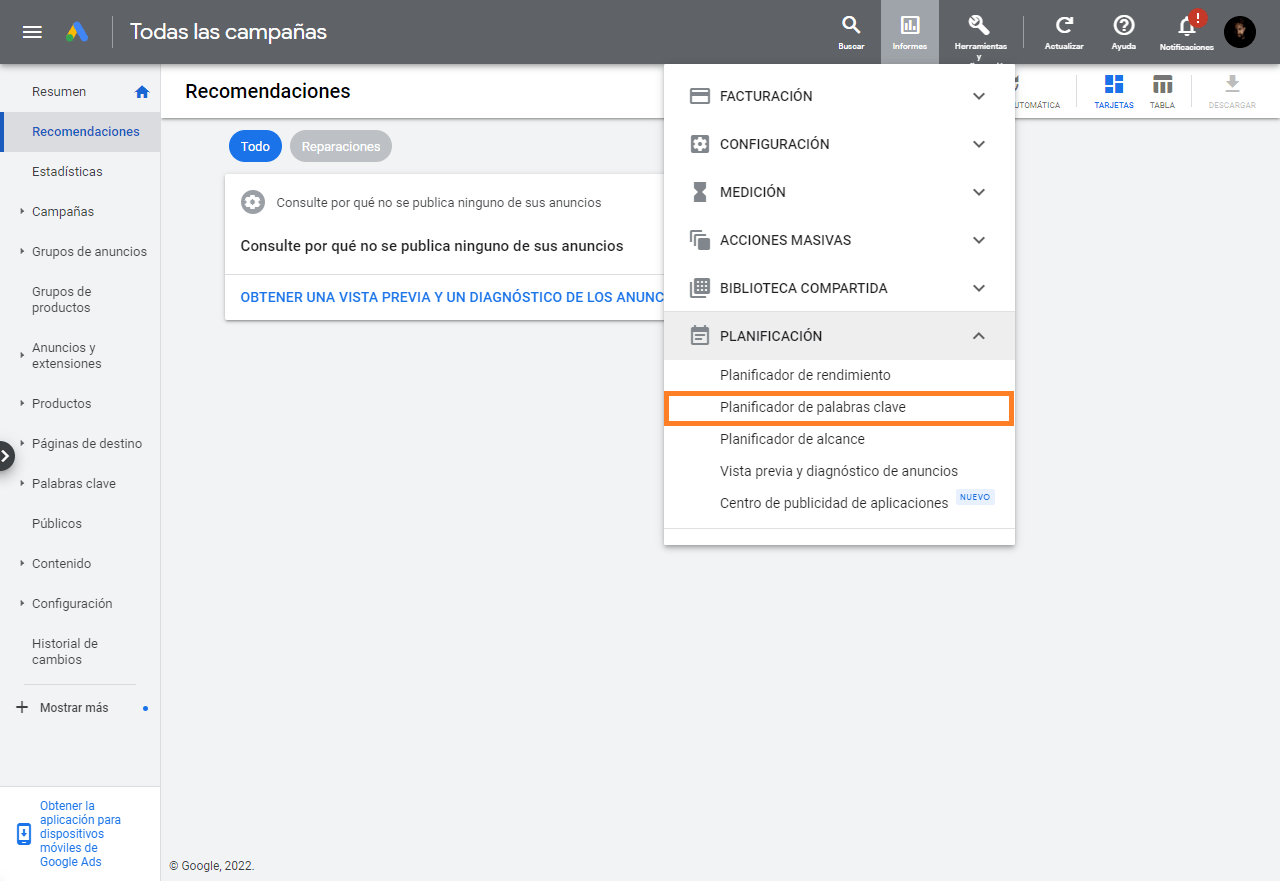 Página principal de Google Ads