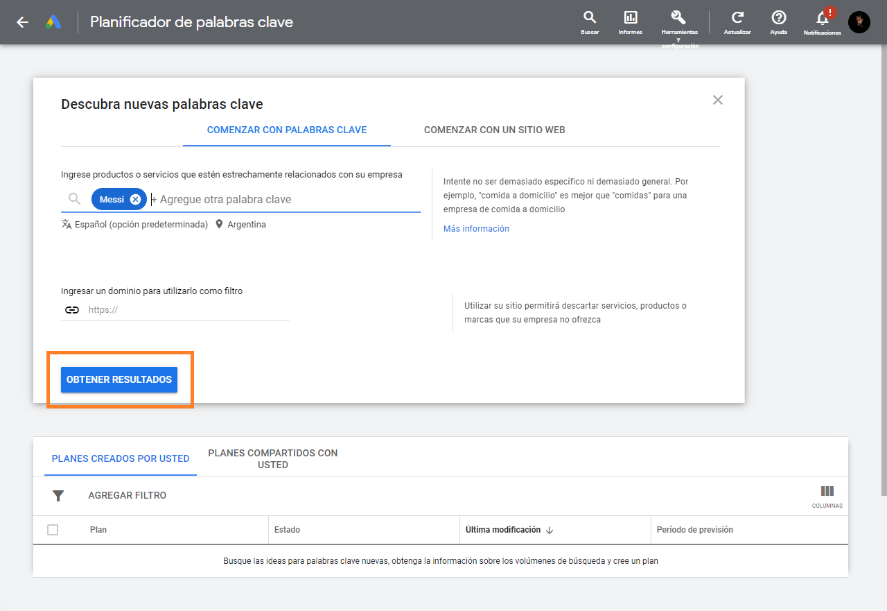 Obteniendo resultados con Google Keyword Planner
