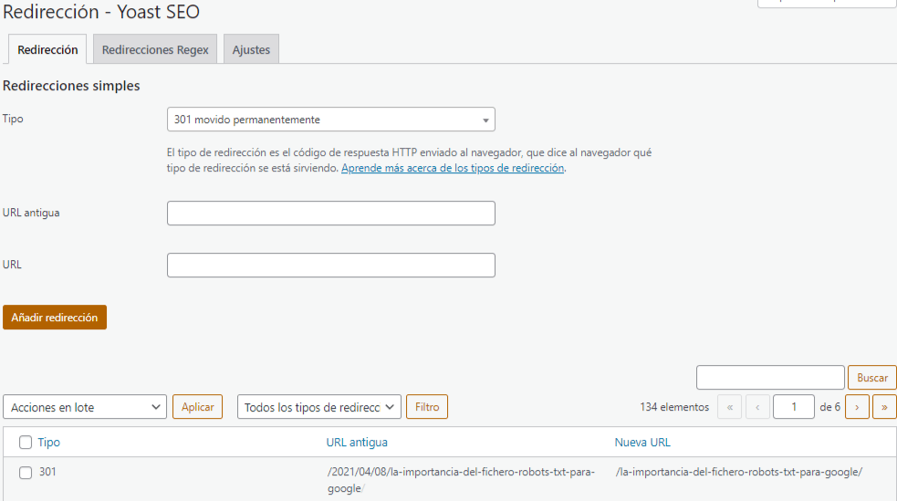 pantalla de yoast seo redirección 301