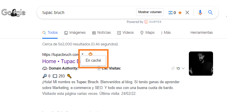 Ejemplo de memoria caché en google