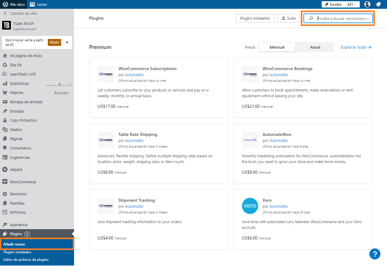 buscando plugins en wordpress