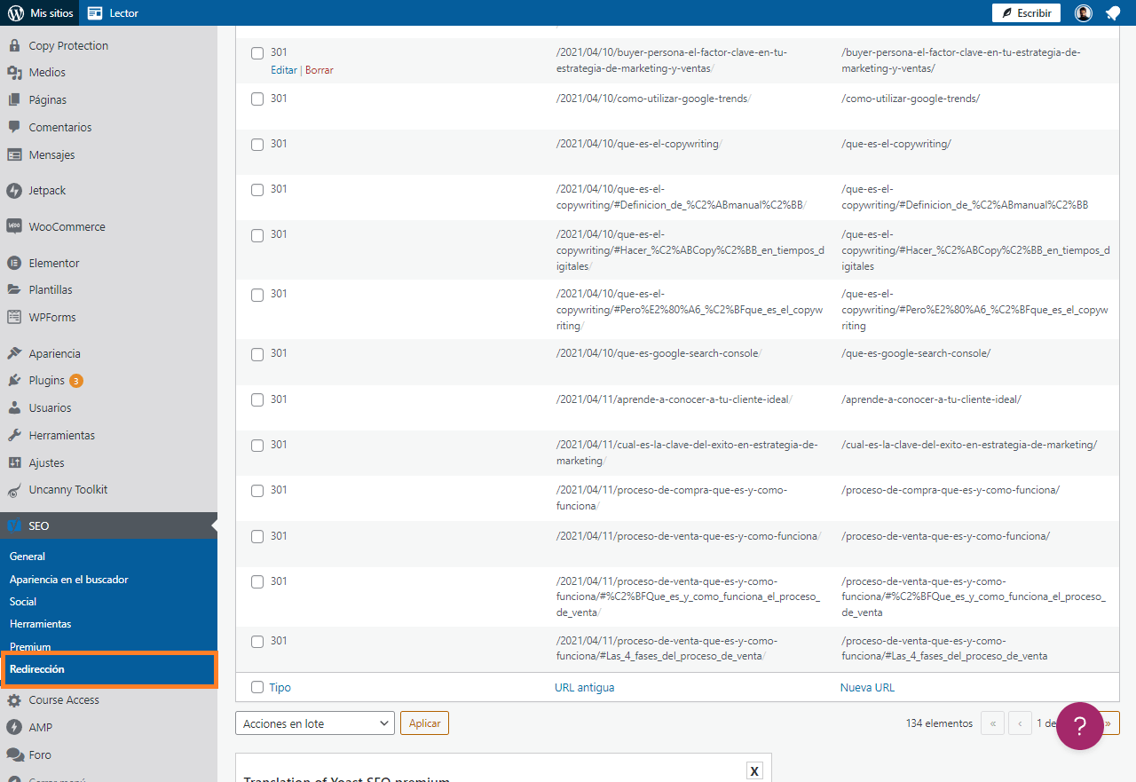 buscando las redirecciones de yoast seo