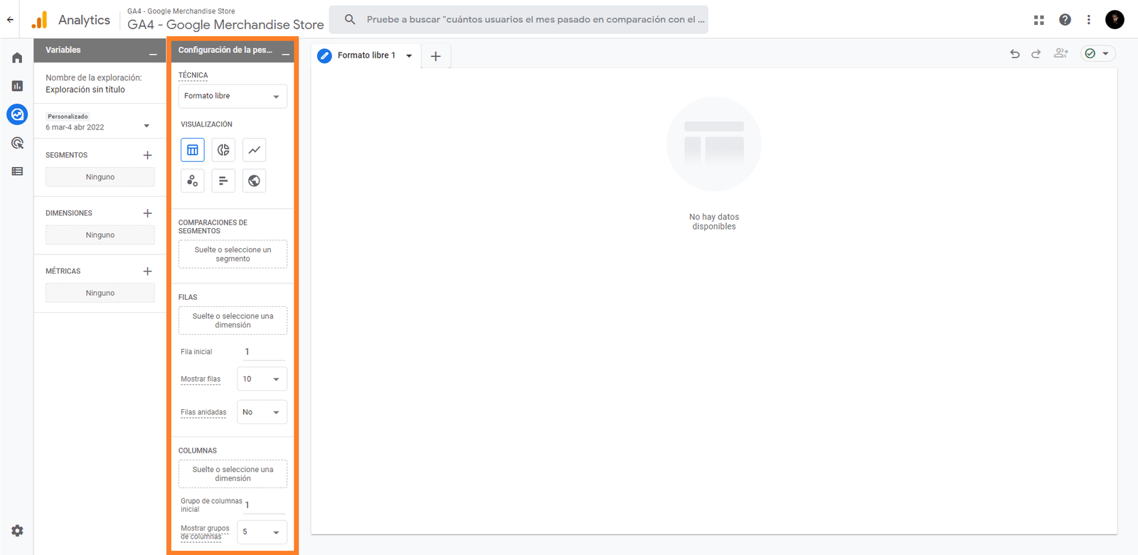 Configuración de la pestaña de gráfico en Google Analytics 4