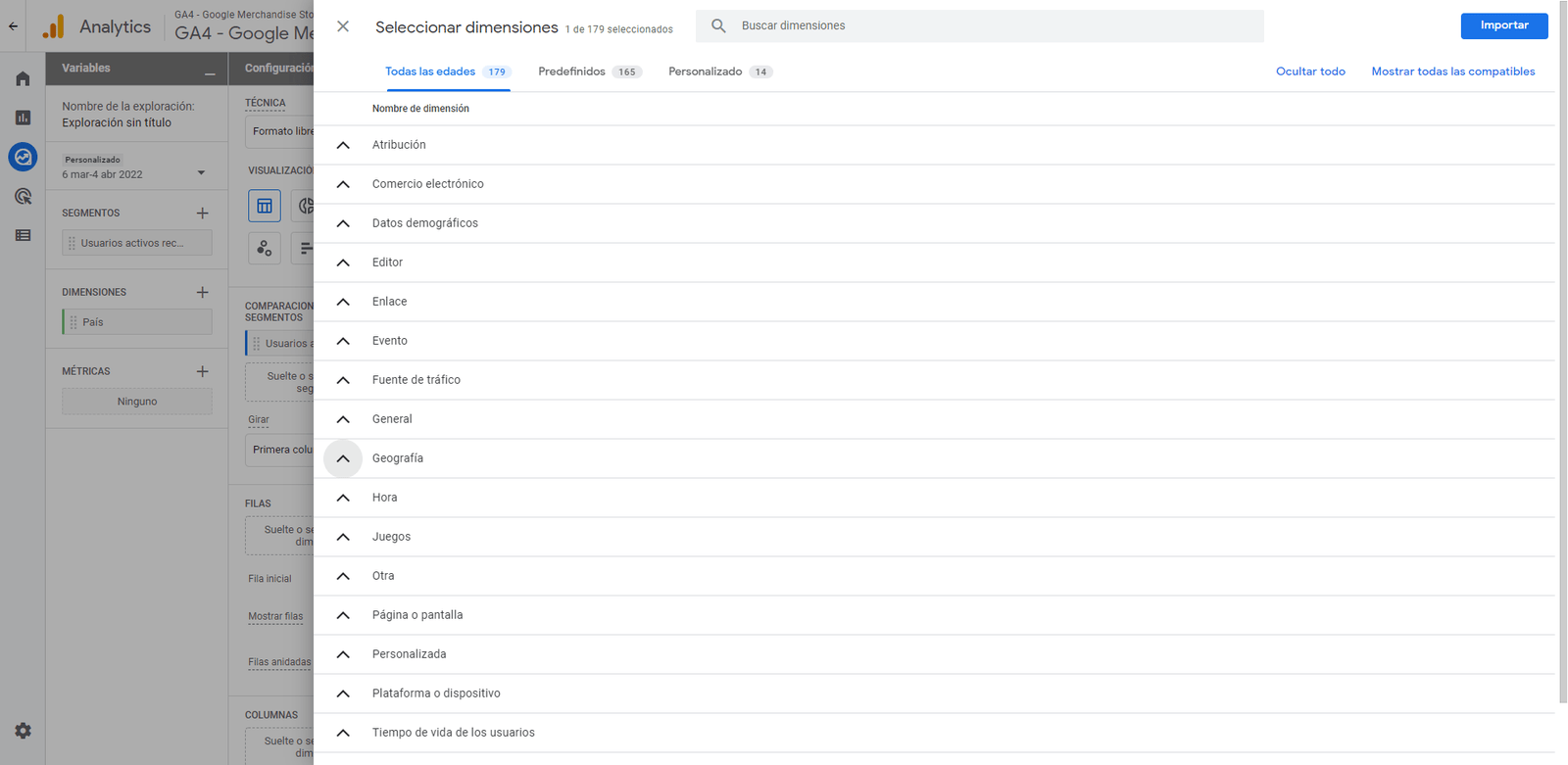 Dimensiones de un embudo de conversión en Google Analytics 4