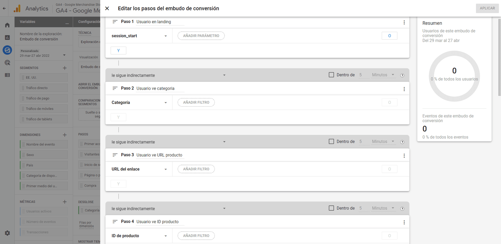 pasos del embudo de GA4