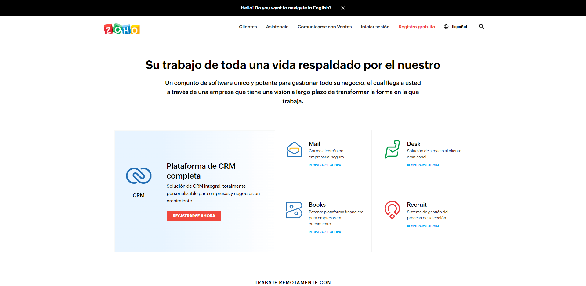 Ejemplo de la home page del ZohoCRM