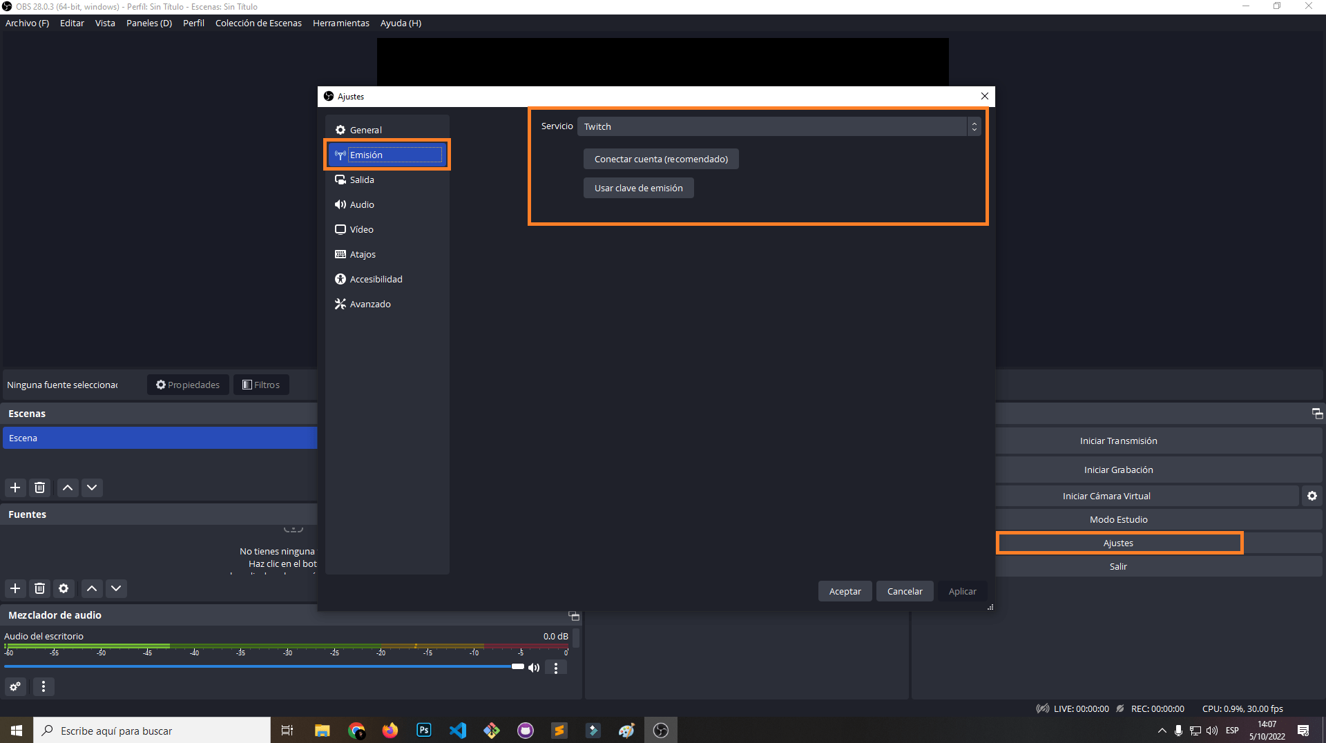 Menú de ajustes de OBS Studio