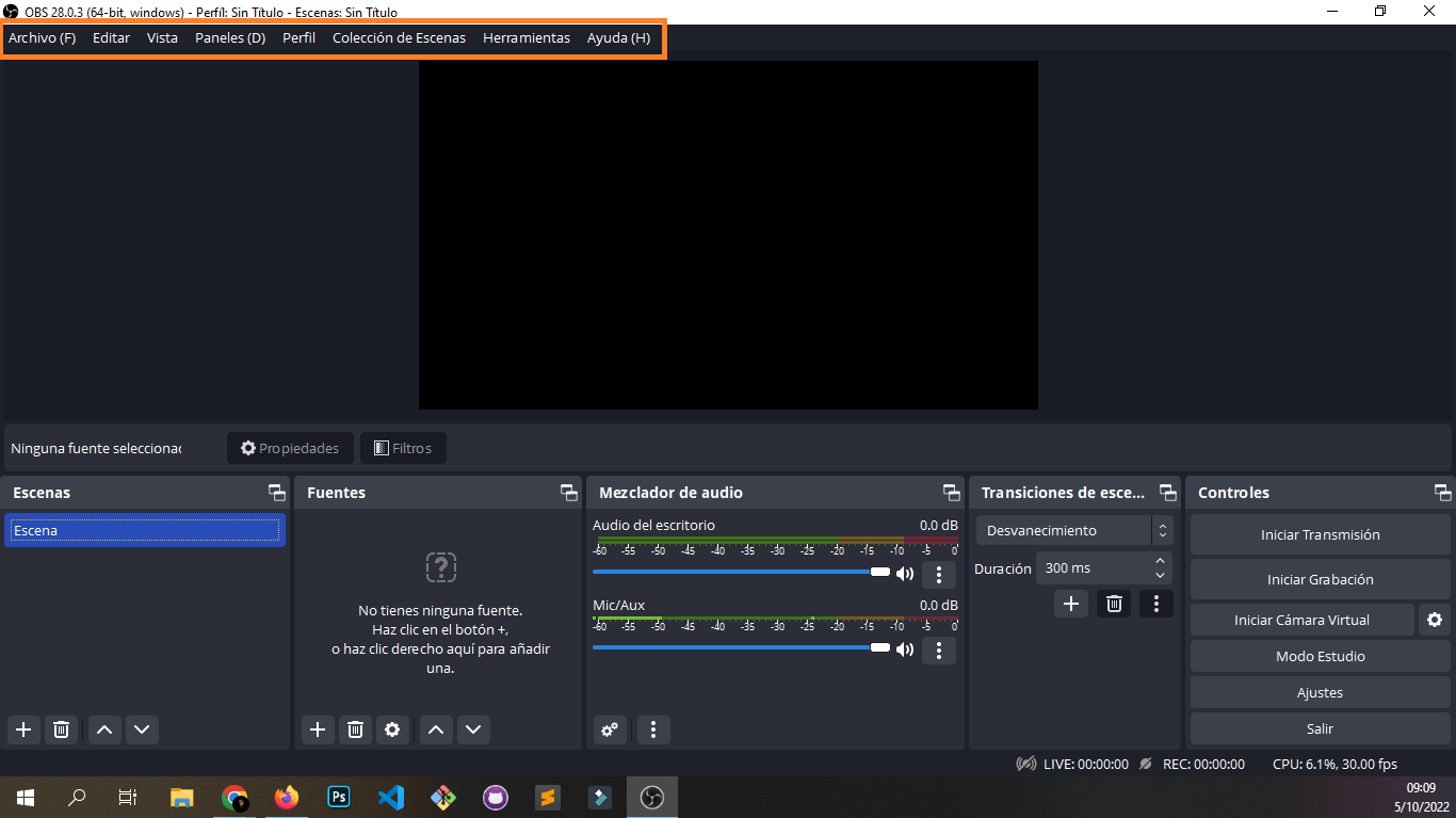 Menú superior de OBS Studio