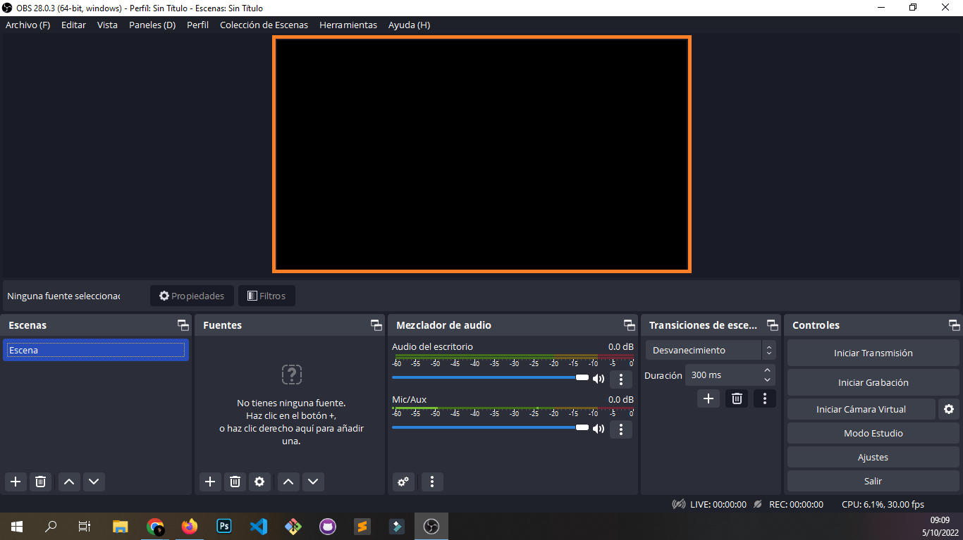 Pantalla de visualización de OBS Studio