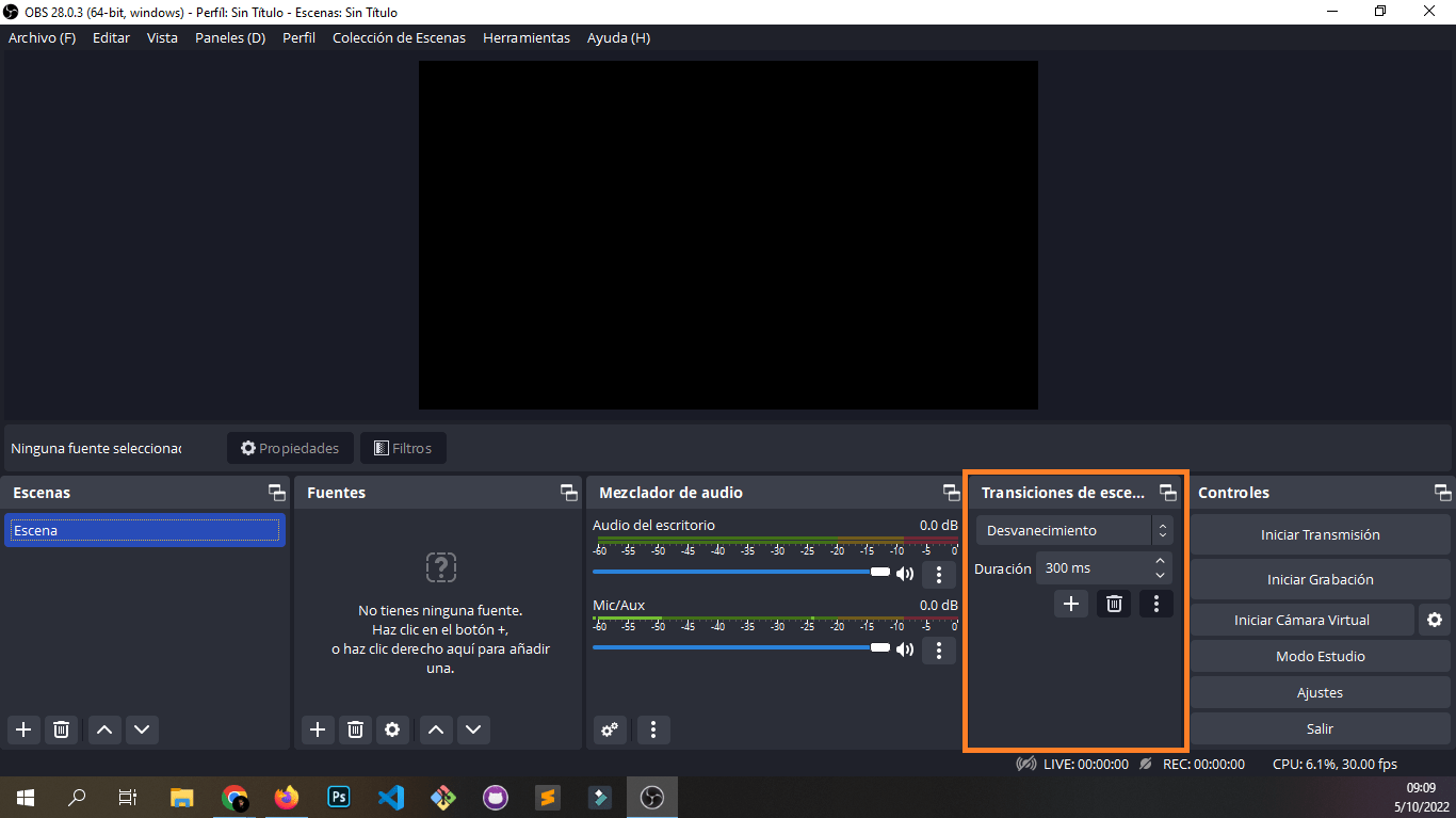Transiciones de escenas de OBS Studio