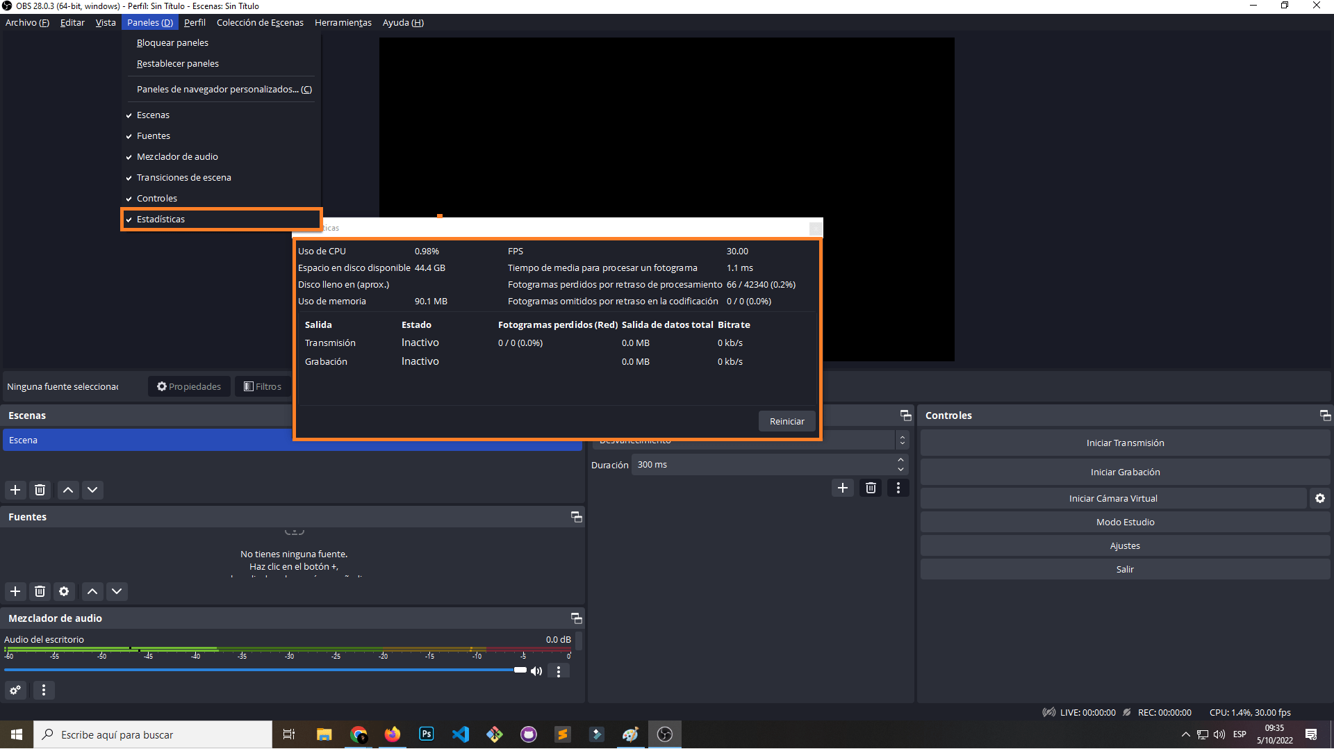 Estadísticas de OBS Studio