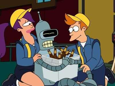 Bender, Fry, y Leela con ideas para vender cerveza