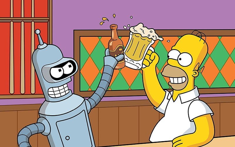 Homero y Bender brindado con una cerveza. ideas para vender cerveza