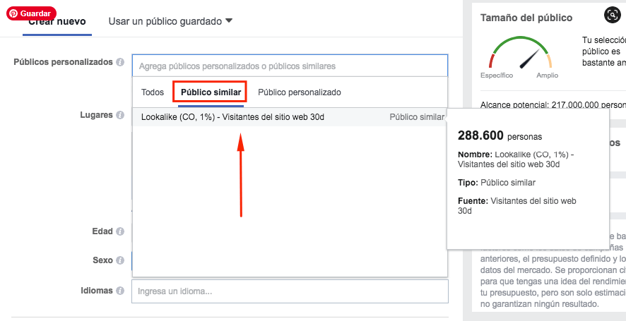 Información adicional sobre los públicos similares en facebook