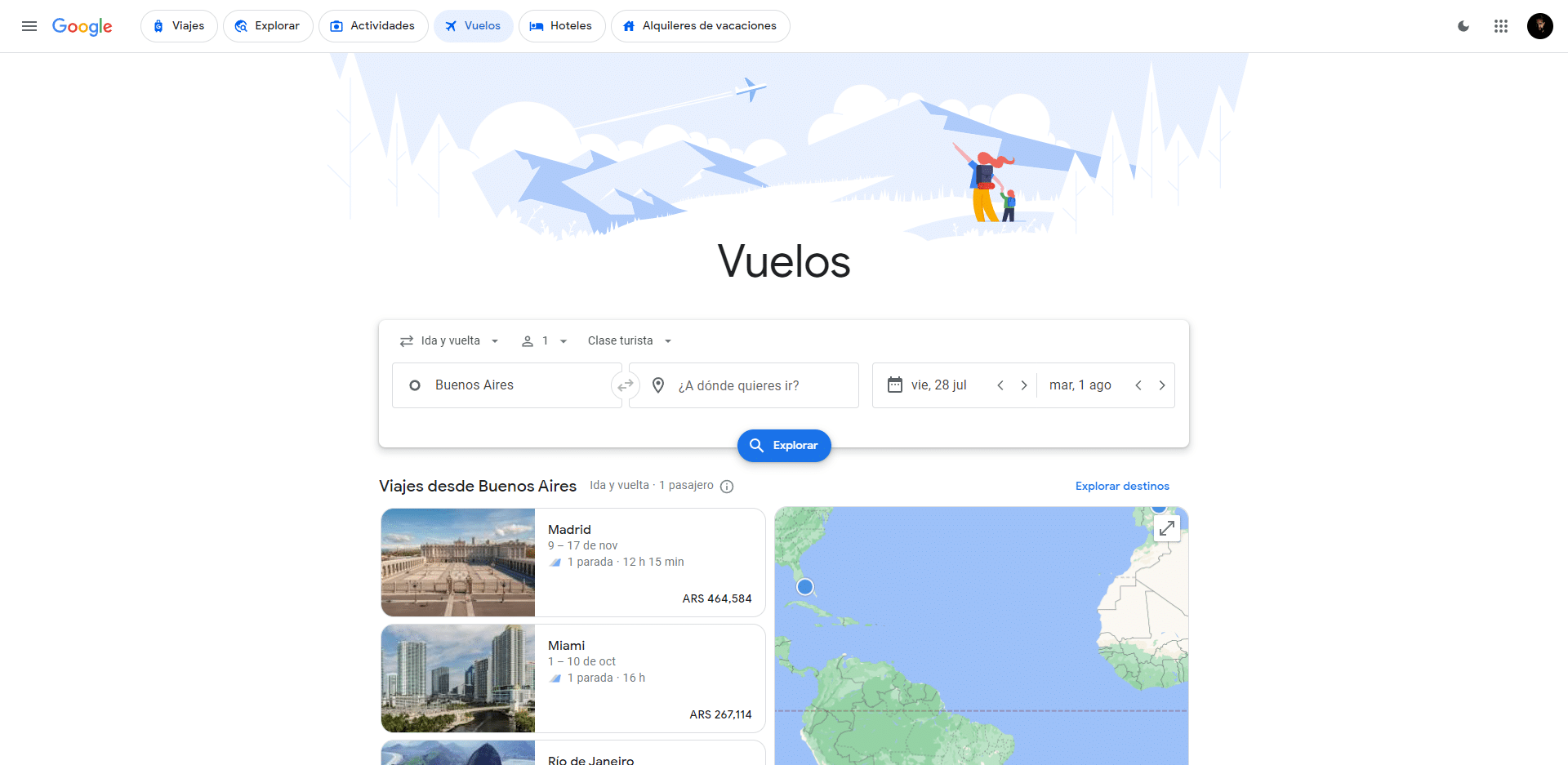dashboard de Google Flights