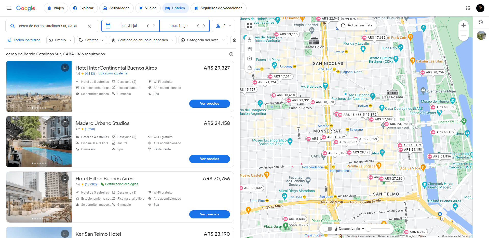 Google Flights buscando hoteles