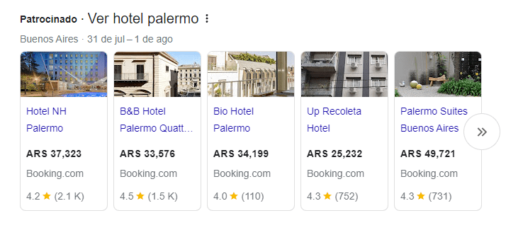 Ejemplo de snippet de Google Ads para hoteles