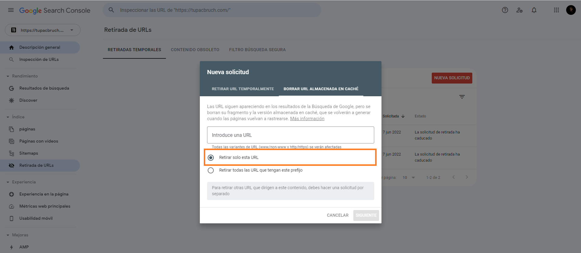 En la imagen vemos como retirar una URL desde SEarch console porque no se trata de un buen título SEO