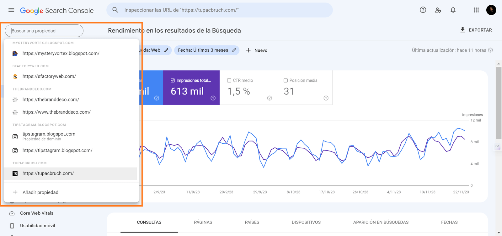 ejemplo de propiedades en google search console
