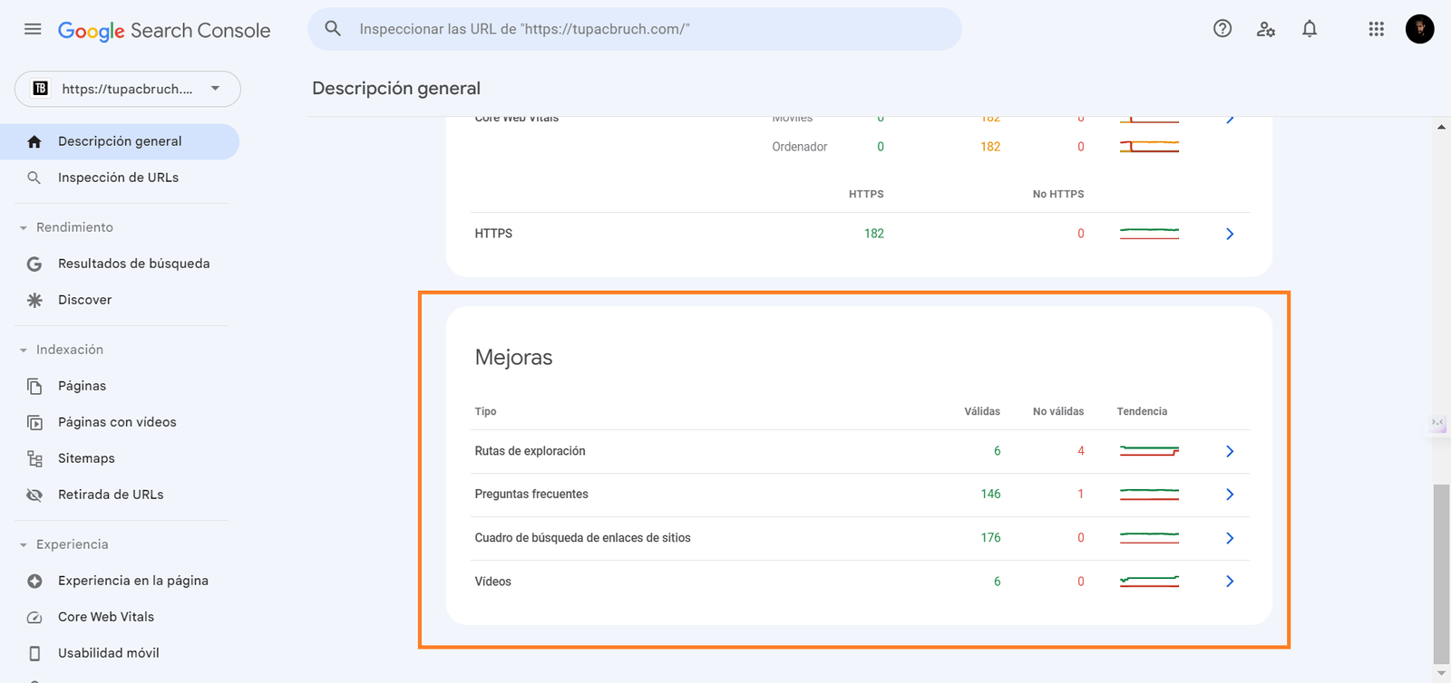 pestaña de mejoras de Google Search Console