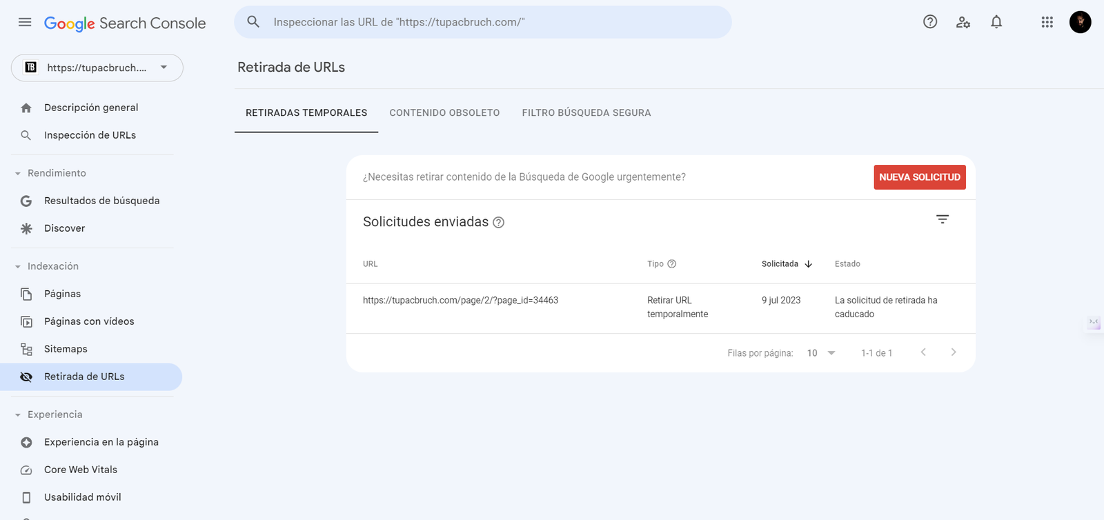 Retirada de URLs desde google search console