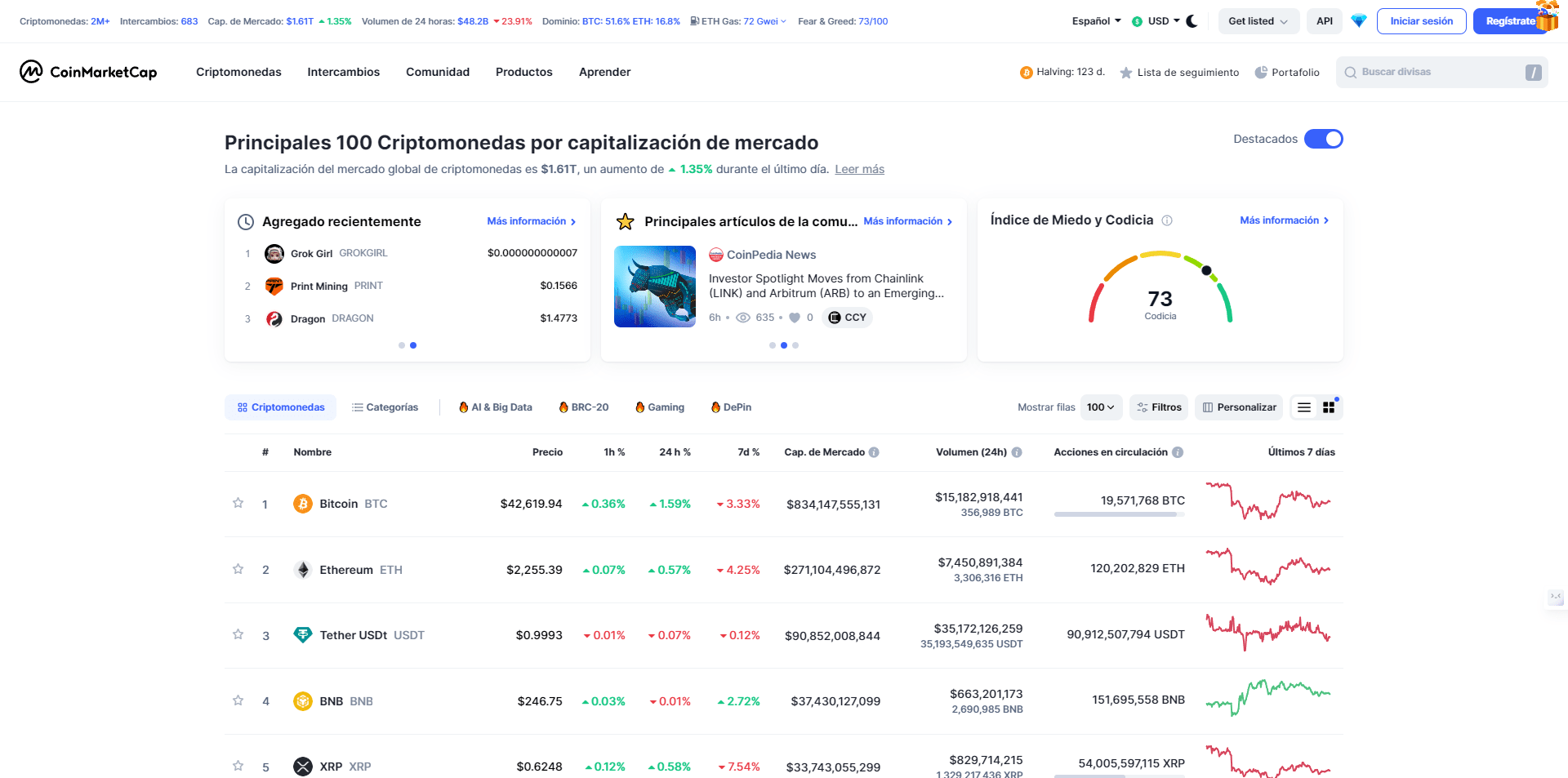 CoinMarketCap es similar a los anteriores, pero se especializa en criptomonedas.